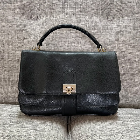 1950s Kelly Style Vintage Mid Century Satchel Bag Handbags - Vintage 1950s Pebble Leather Top Handle Mid-Century Structured Black Satchel Bag